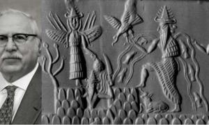 Photo of Zecharia Sitchin (left)(CC0)Akkadian cylinder seal dating to circa 2300 BC depicting the deities Inanna, Utu, and Enki, three members of the Anunnaki.(right)