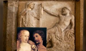 A seated Zeus reaches out for the hand of Hera on the temple of Hera at Selinus, c. 530 BC. Inset: Adam and Eve, oil and paper, Hans Holbein the Younger, 1517. (Public Domain)