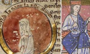 Medieval miniature of Æthelflæd in genealogical roll of the kings of England 13th century.(Public Domain)/ Æthelflæd as depicted in the cartulary of Abingdon Abbey