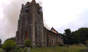 : The blaze at the medieval church in Wimbotsham. Source: Norfolk Fire & Rescue Service / Facebook.