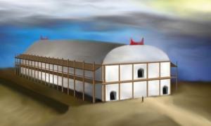 Reconstruction of the Temple from Nebelivka, Ukraine. c 4000 BC Trypillian (Danube) civilization. 60x20m size. Based on information from "Temple on Nebelivka mega-site: reconstruction" by Nataliia Burdo, Mykhailo Videiko, Institute of Archaeology NAS of Ukraine, Kyiv. Source: Kenny Arne Lang Antonsen/CC BY SA 4.0