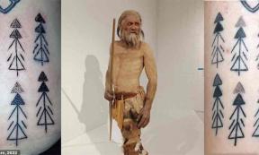 Reconstruction of Ötzi the Iceman, flanked by the tattoo experiment which is believed to replicate how the originals were created. Source: Deter-Wolf et al., Exarc, 2022; Mannivu / CC BY-SA 4.0.