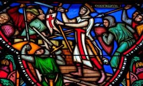 A stained glass representation of the First Crusade, Crusaders and the siege of Jerusalem. Source:  jorisvo/Adobe Stock