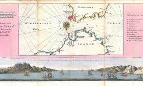 1747 map of the Straits of Gibraltar showing the Rock of Gibraltar, the Barbary Coast and 16 sailing ships