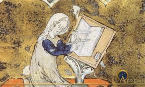 Marie de France from an illuminated manuscript (Public Domain)