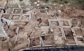 Aerial view of the excavation at Hurvat Husham, which revealed an early temple and settlement .