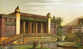 A panoramic view of the gardens and outside of the Palace of Darius I of Persia in Persepolis.