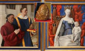 The two panels of "The Melun Diptych" (circa 1455) by Jean Fouquet: "Étienne Chevalier with Saint Stephen" (on the left, featuring theAcheulean handaxe, and "Virgin and Child Surrounded by Angels," in an exhibition at the Gemäldegalerie in Berlin, Germany. Source: Saiko/CC BY 3.0