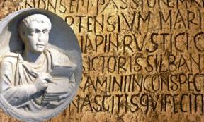 Relief from a scribe's tomb found in Flavia Solva. (Public Domain) Background: Latin stone inscription. 