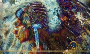 Indian woman wearing feather headdress with lion.  (Jozefklopacka/ Adobe Stock)