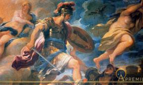 Aeneas defeats Turnus, by Luca Giordano, 1634–1705. The genius of Aeneas is shown ascendant, looking into the light of the future, while that of Turnus is setting, shrouded in darkness by Luca Giordano (17th century) (Public Domain)
