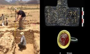 Michael Harrower and Cinzia Perlingieri mapping architecture at the Aksumite town of Beta Samati. (Credit: Nicole Harrower) A Christian stone pendant and a gold and carnelian intaglio ring found in the basilica. (Credit: I. Dumitru)   Source: Antiquity Publications Ltd.
