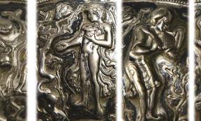 Closeups of images of Alexander (the two leftmost figures), an Indian priest, and a servant shown on the silver Tibetan bowl that depicts Alexander legends with a Jewish “twist.” Source: Ancient Orient Museum, Tokyo