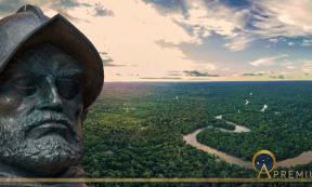 Bust of Fransisco de Orellana (Ricardo Algár/Adobe Stock) Amazon rainforest (William Perez/Adobe Stock)