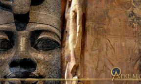 Head from a red granite statue of Amenhotep III wearing the double crown of Upper and Lower Egypt found at Karnak; side panel of one of the Colossi of Memnon shows a relief of Hapy, the Nile god, and a sculpture of Queen Tiye; design by Anand Balaji 