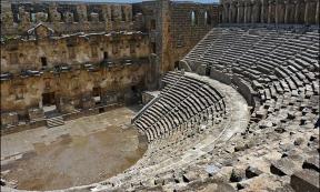 The theatre at Aspendos, Turkey is famous for its magnificent acoustics. Even the slightest sound made at the center of the orchestra can be easily heard as far as the upper most galleries. It is the best preserved and most complete example of a Roman theatre. 