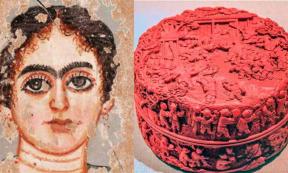 (Left) Photo shows an Egyptian painted wood mummy portrait of a woman from the Roman period, circa 2nd or 3rd century AD. (Right) Cinnabar was widely used as a decorative pigment as well as a toxic cosmetic. A Chinese "cinnabar red" carved lacquer box from the Qing dynasty. Source: Public Domain, Andrew Lih / CC BY SA 2.0                   