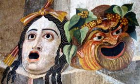 Mosaic, shown Gargoyles in form of Theatrical masks of Tragedy and Comedy. Roman artwork, 2nd century AD.