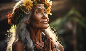 Woman adorned with a lei engages in the Hooponopono practice, traditional Hawaiian method of finding peace and forgiveness. Source: irissca/Adobe/Stock