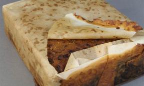 Found amongst almost 1,500 artifacts conserved from a group of buildings at Cape Adare, this Antarctic fruitcake made by Huntley & Palmers was discovered wrapped in paper within the rusted remains of its original tin. It was probably left behind by Scott’s Terra Nova expedition. Source: Antarctic Heritage Trust