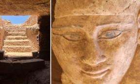Left, the entrance to Tomb No. 38 near the Aga Khan Mausoleum. Right; The remarkably preserved limestone sarcophagus of Ka-Mesiu