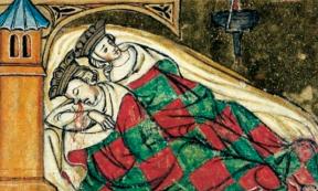 The Death of King Attila the Hun in 453 from an illuminated manuscript within the Saxon World Chronicle (close up). Source: Public domain