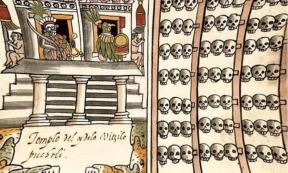Illustration showing an Aztec skull rack.