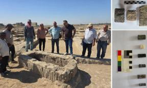 Left; Officials examine a trough-like feature at the site. Right; Seals and cuneiform tablets. 