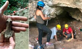 Left; Female figurine found at Battifratta Cave. Right; archaeologists investigating at the cave. Source: Sapienza University of Rome