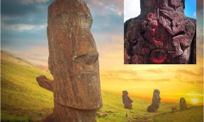 Main: Group of Moai monoliths during sunset on Easter Island. Inset: Birdman cult carvings on the back of standing Moai.       Source: Aliaksei & thakala / Adobe stock