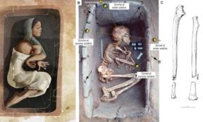 Burial S166 showing the adolescent female with severed arm positioned over ches