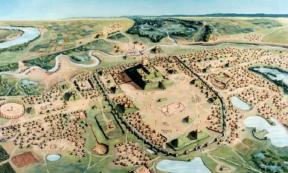 An illustration of North America's first city, Cahokia.