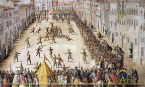 Calcio match in Piazza Santa Maria Novella, in Florence. Painting by Jan Van der Straet. Source: Public Domain