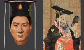 Not quite like the painting: the reconstructed face of Chinese Emperor Wu using DNA extracted from his remains, and the portrait of Emperor Wudi in the Thirteen Emperors Scroll. Source: Pianpian Wei / Current Biology.