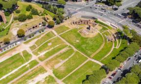 Aerial view of Circus Maximus, an ancient Roman chariot-racing stadium and mass entertainment venue in Rome, Italy. Now it's a public park but it was the first and largest stadium in ancient Rome. Source: Stefano Tammaro/Adobe Stock         