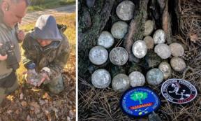 Left, finders with the coins, right, the coins by a tree.