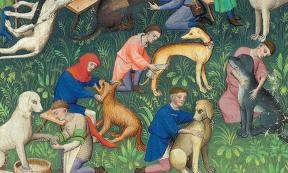 Dogs being taken care of in an image from Livre de la Chasse (Book of the Hunt).  Source: The Morgan Library and Museum/Faksimile Verlag Luzern