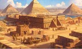 Ai generated image of builders on the Giza plateau.