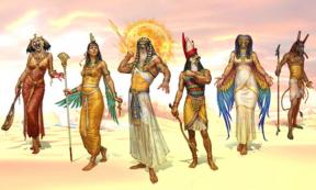 Egyptian gods and goddess. From left to right, Sekhmet, Isis, Ra, Horus, Wadjet, and Set. Source: Hotaru Ito / Public Domain.