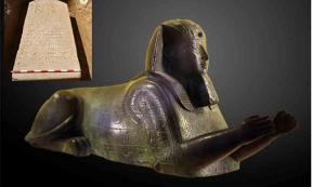 The Sphinx of Apries, dated to between 589 and 570 BC. Like the Egyptian stele found in the farmer's field, this sphinx is dedicated to the pharaoh Apries of the 26th dynasty of Egypt. Inset, stele of Apries in situ at find site.	