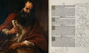 Left, Painting of Euclid. Right, A page first printed edition of Euclid's Elements.           Source: Fondazione Cariplo/CC BY-SA 3.0; Erhard Ratdolt /CC BY-SA 4.0