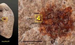 Left; the red dot on a stone, found to be a fingerprint. Right; Sample zones in the red dot.  
