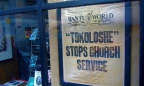 Tokoloshe newspaper headline, December 7, 1955, on sale in a bookstore in the 19th District, Vienna, Austria.