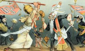 Representational image of the anti-Freemasonic standoff between Catholic Elites and the Freemasons. A 1884 satirical cartoon of Pope Leo XIII at war with Freemasonry by Joseph Keppler. Source: Public domain
