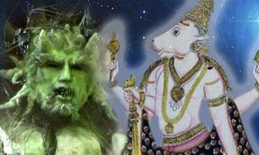 Green Man (ElliotBrown/CC BY 2.0) and Bull Nandi (Public Domain)/Deriv.