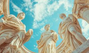 AI image of Greek statues from the Hellenistic era with sunny skies as the backdrop.