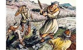 From the Gisla Saga: When Eyjólfur and his men attacked Gísli in overwhelming numbers, Gísli’s wife Auður stood by his side, armed with a club. 