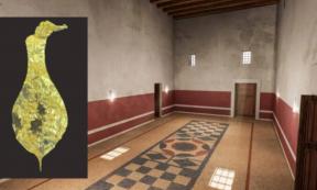 Attempt to reconstruct a room in the house of the garrison commander in Asparos. Inset; the gold votive plaque.