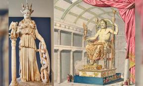 Left: 2nd century AD sculpture, small replica of the Athena Parthenos of Phidias. Right: Artist’s impression of Zeus sculpture by Phidias. 	Source: Left; George E. Koronaios/CC BY-SA 4.0, Right; Public Domain