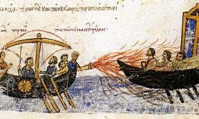 A Byzantine ship using Greek fire against an enemy ship. Source: Public Domain